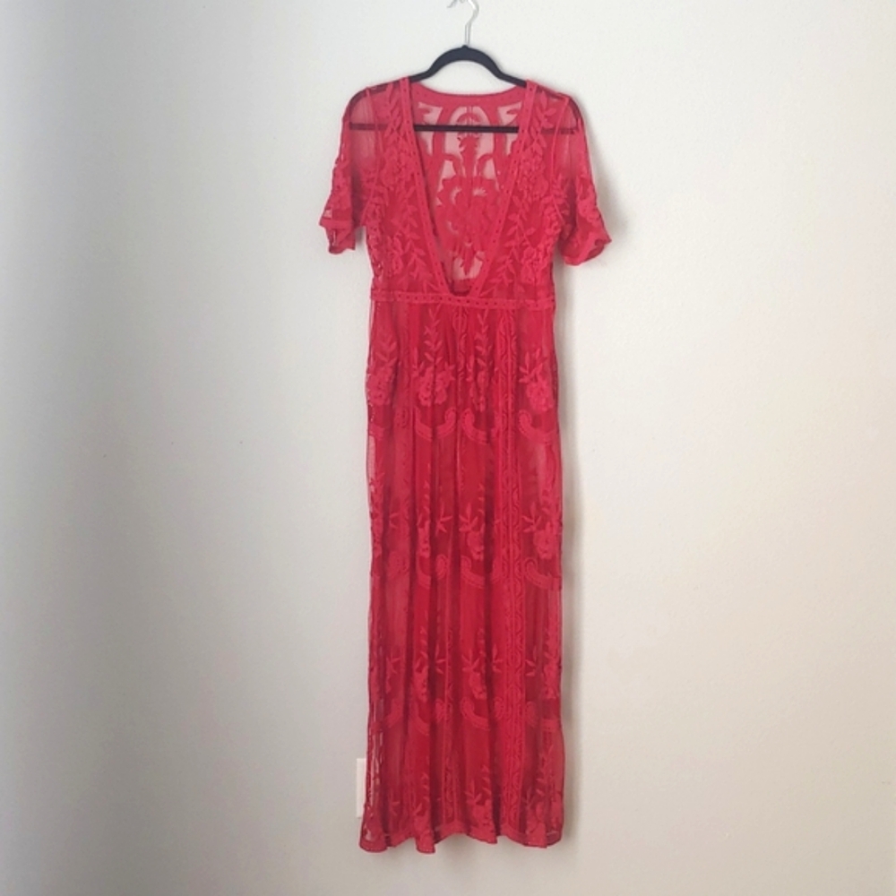 Red Lace V-Neck Women's Dress - Picture 2 of 14